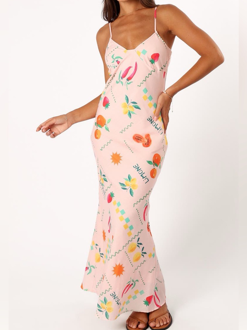 Petal & Pup Frutti Satin Slip Maxi Dress Sz M Fruit Print Pink Tank Dress